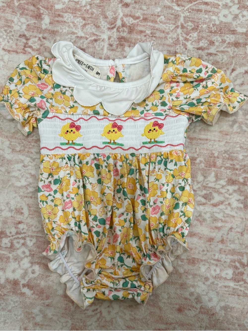 Rylee Faith Designs Smocked Easter Chick Romper Size 6 Months
